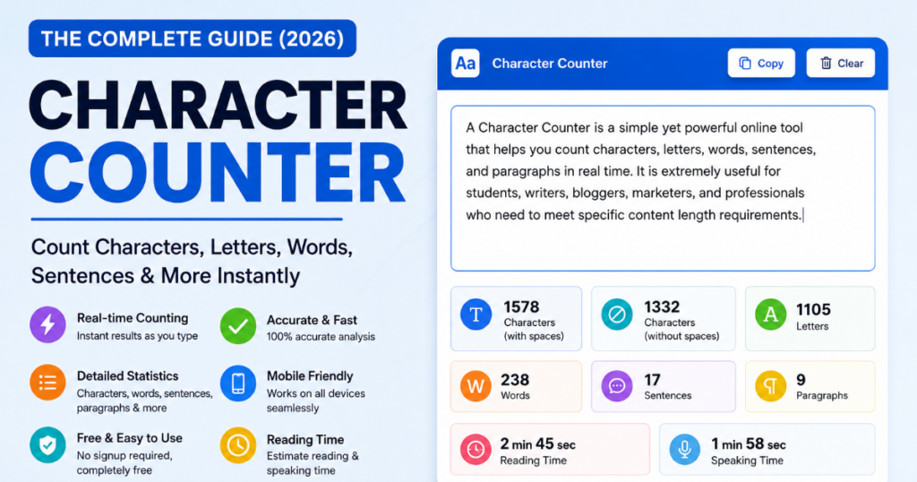 Character Counter tool showing live character count, word count, sentence count, and text statistics.